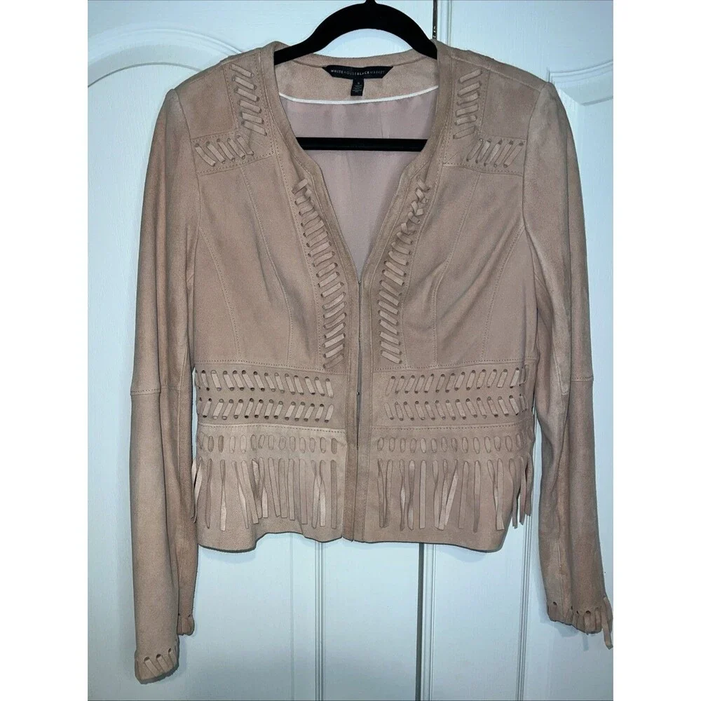 WHITE HOUSE BLACK MARKET Women Fringe Leather Suede Jacket Small Light Pink Boho - Picture 2 of 16